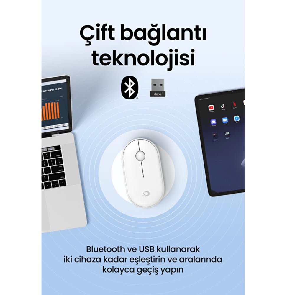 Daxi MX-300 Beyaz Bluetooth ve 2.4GHz Kablosuz Mouse