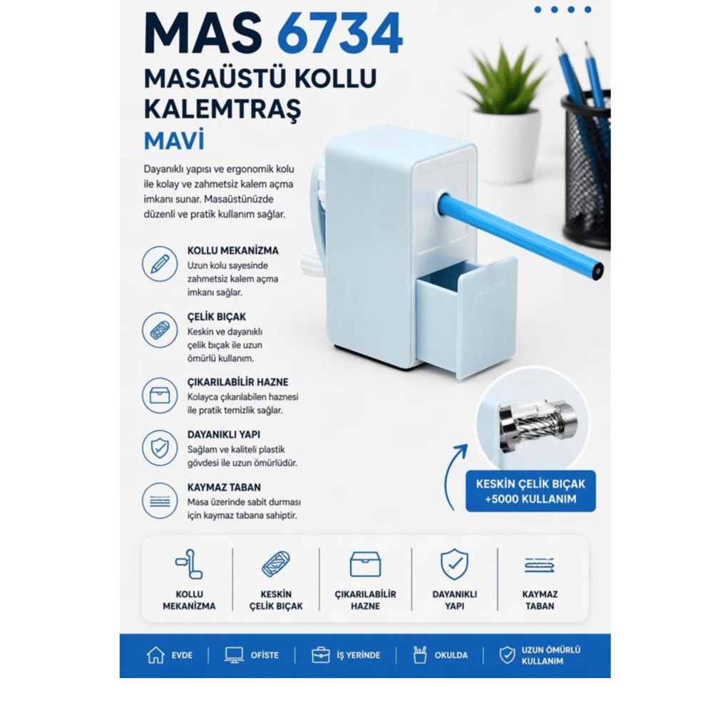 Mas Kollu Masa Tipi Plastik Kalemtraş Küçük Mavi