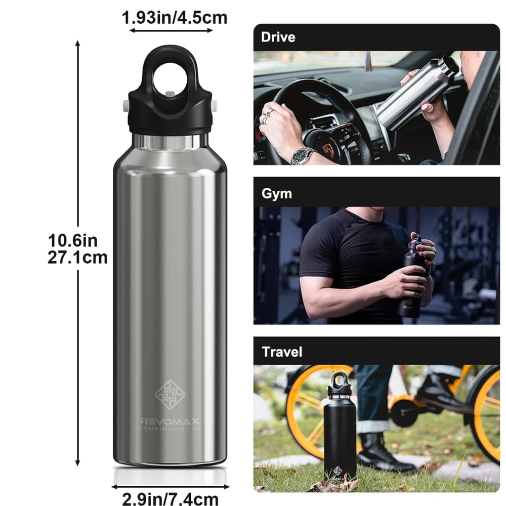 Revomax Çelik Matara Gri 900 Ml Paslanmaz Termos