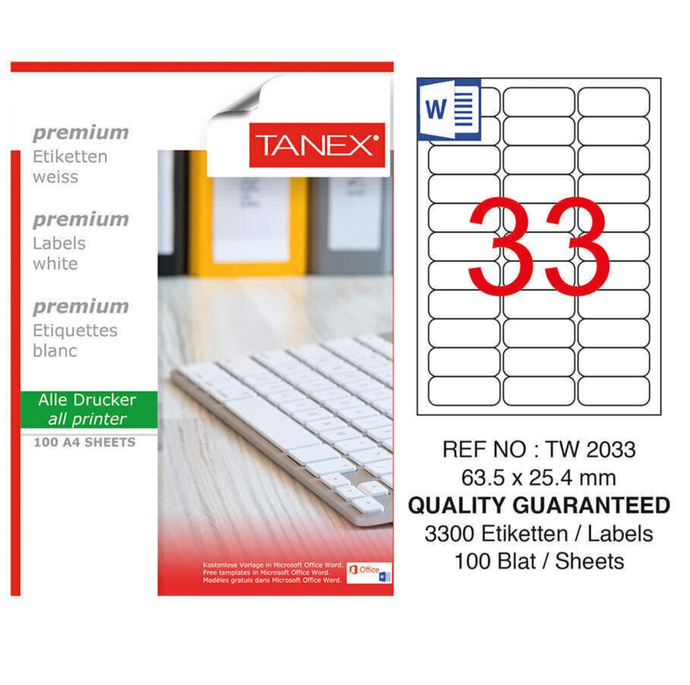 TANEX TW-2033 63.5*25.4 MM LAZER ETİKET 100 ADET