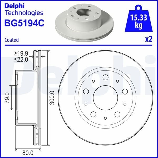 Fren Diski Arka Fıat Ducato 2021> 300X22x80 5 Delik Havalandırmalı Delphı Bg5194c
