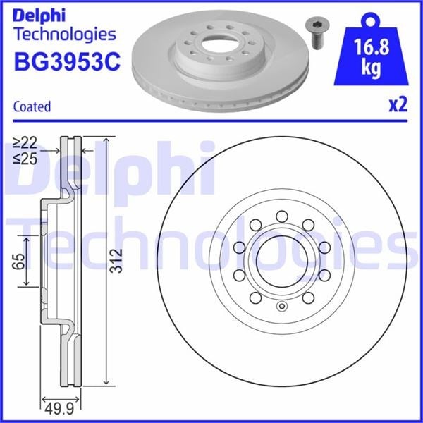 Fren Diski Ön Vw Passat-Golf5-Golf6-Golf7-Caddy-A3-Leon-Ford Connect 23> Çap: 312Mm. Kalınlık: 25Mm Delik: 5 Delphı Bg3953c