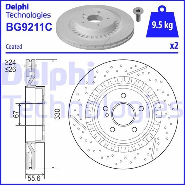 Fren Diski Tekli Paket - Boyalı. Delikli Arka Mercedes C63 02/2008 > Delphı Bg9211c