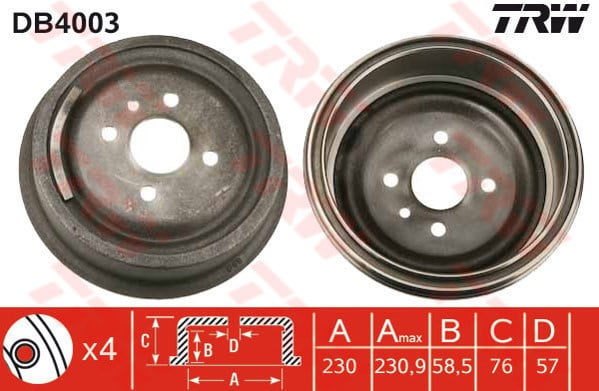 Fren Kampanası Arka Aks Bedford Astra Van Estate Van-Astramax Box Body/Mpv Holden Combo Van Sb Ope L Admıral A-Ascona A 81- 86- 87- 88 -Ascona A Caravan 84- 89 -Ascona B 81- 86- 87- 88 -Combo Box Trw Db4003