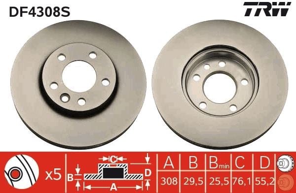Ön Fren Aynası Adet Transporter T5 03>Multıvan 03>Touareg 02>Crafter 06> 308X29.5X5dlxhavalı Xxx Trw Df4308s