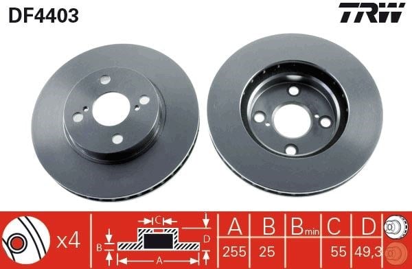 Ön Fren Diski Hava Kanallı Toyota Corolla 1.4L 4Zz-Fe Zze120 Vvti 02-06 / 1.6L 3Zz-Fe Zze121 Vvti 02-06 255 Çap X 4 Bijon - Takım Disk Fiyatıdır Trw Df4403