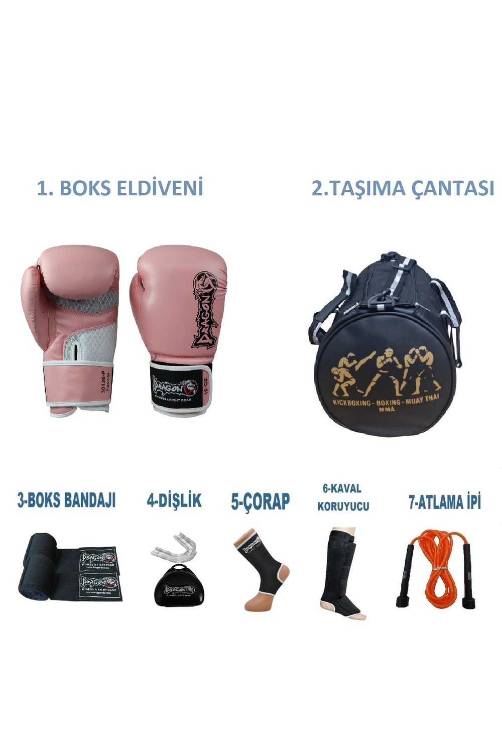 Favela Kadın Pembe Boks Seti 7’li Eldiven, Bandaj, Dişlik, Çanta, Çorap, Kaval Koruyucu, Atlama İpi