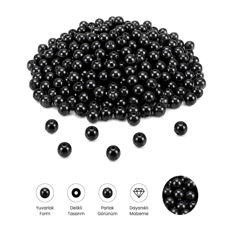 İnci Boncuk Delikli Siyah Tam 8 mm 500 gr