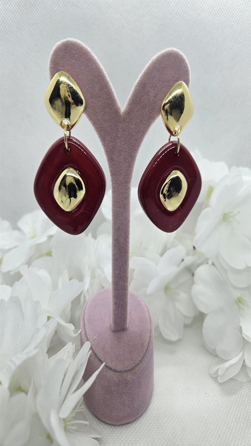 Gold Bordo Renk Plaka Model Küpe