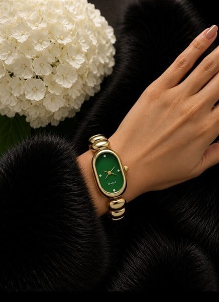 Xuping,gold kordon,yeşil kafranlı oval şekilli Şirin kadın kol saati.