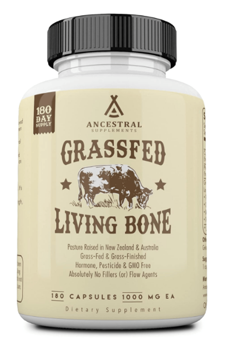 Ancestral Supplements Grass Fed Beef Living Bone, Bone Meal  Bone Health,Joint Health and Flexibility, 180 Capsules.