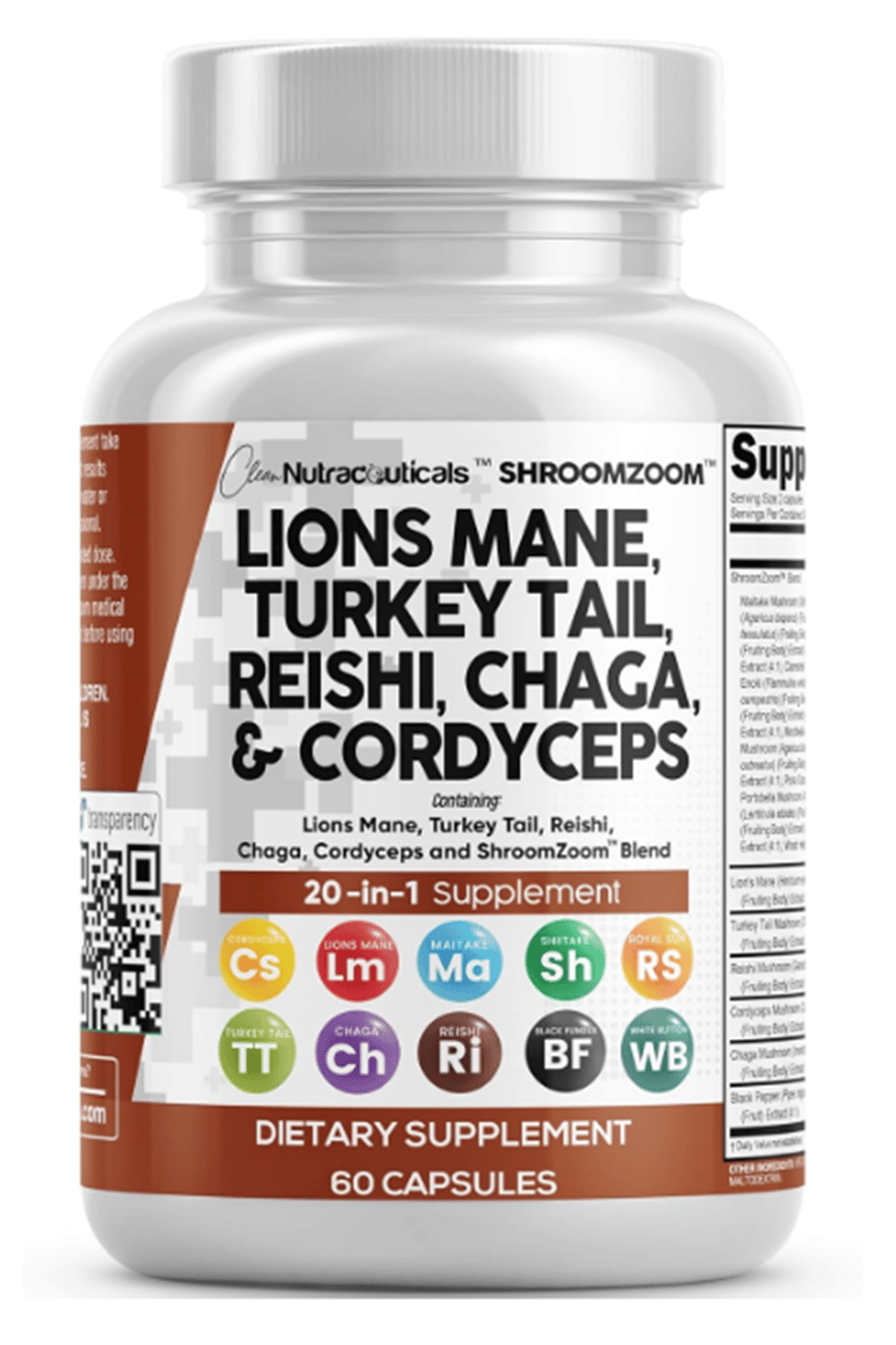 Clean Nutraceuticals Lions Mane 20in1 60 Capsul,Mushroom with Turkey Tail Reishi Cordyceps Chaga Maitake Meshima Poria Cocos Shiitake Oyster Porcini Enoki.57.