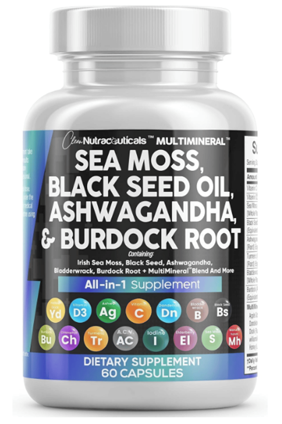 Clean Nutraceuticals  Sea Moss Black Seed Oil 60 Capsul Turmeric Bladderwrack Burdock  Vıtamın C Vıtamın D3 Elderberry Manuka Dandelion Yellow Dock Iodine.Abd Menşei.