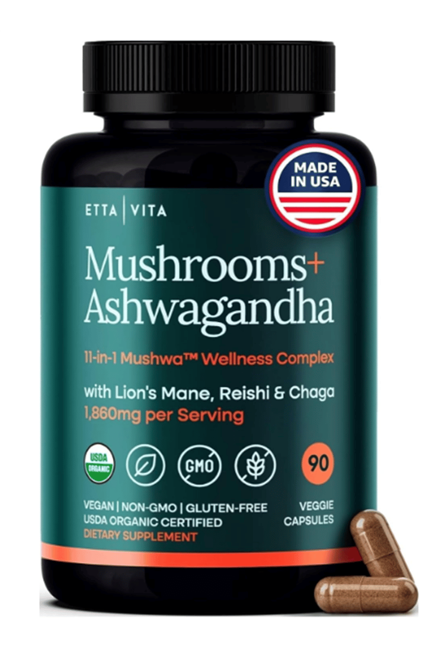 Etta Vita Mushroom+Asvaganda 90 Capsul Lions Mane,Chaga,Reishi,Cordyceps,Turkey Tail 10x Adaptogenic Complex Focus-Energy,Immunity Nootropic.