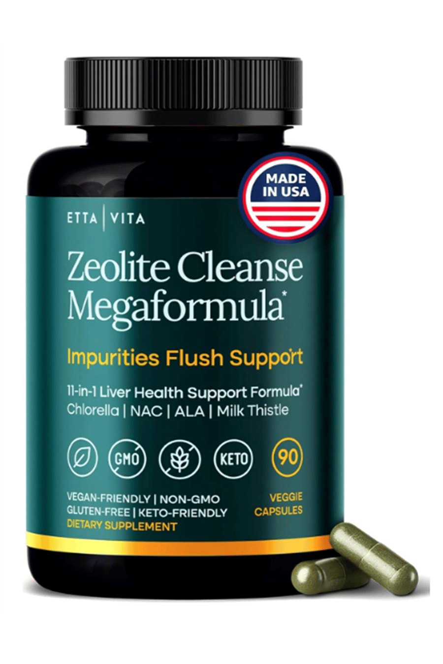 Etta Vita Zeolite Cleanse Liver Detox 90 Capsul Repair-Microplastics for Gut Health,Cognition Natural Energy-Glutathione,NAC,Chlorella,Spirulina,ALA,Cilantro,Milk Thistle,Noni, Shilajit.Made ın Usa.
