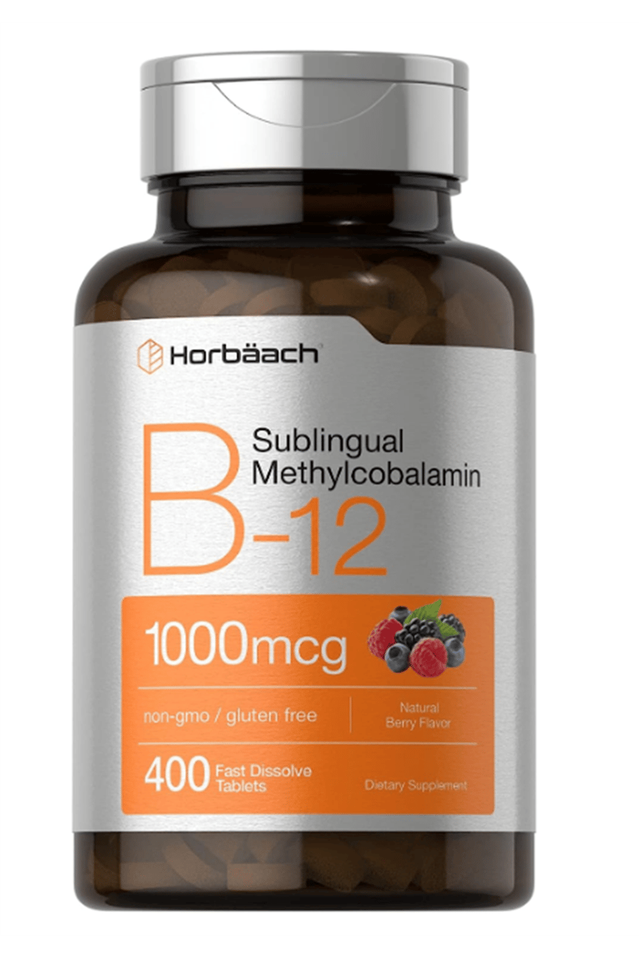 Horbäach Vitamin B12 Sublingual 1000mcg  400 Fast Dissolve Tablet Methylcobalamin for Adults Natural Berry Flavor Vegan, Non-GMO, and Gluten Free.45.