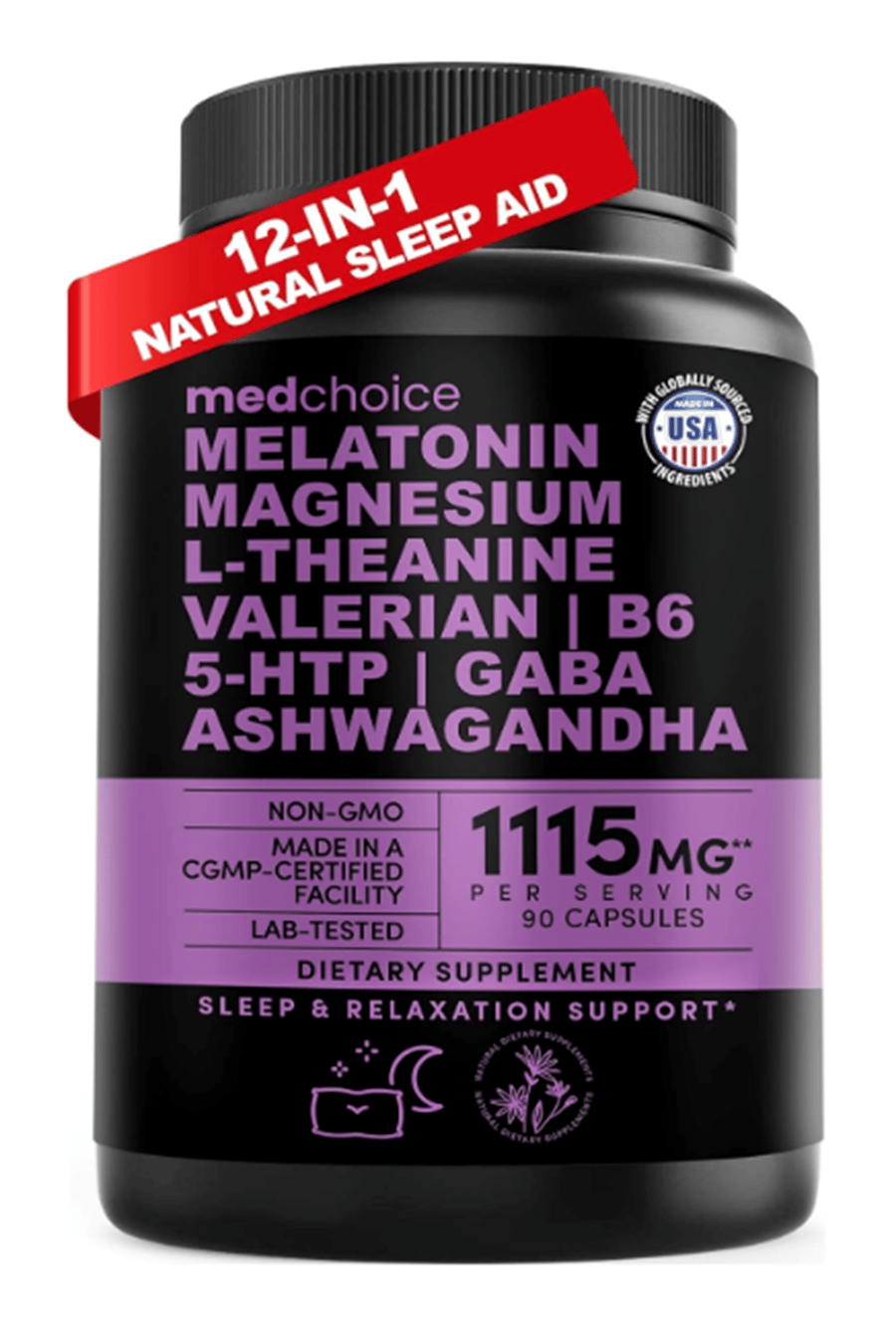 MEDCHOICE  Natural Sleep Magnesium Glycinate 500mg, L Theanine, Valerian Root,, GABA, 5-HTP, 90 Capsul.ABD MENŞEİ.50.