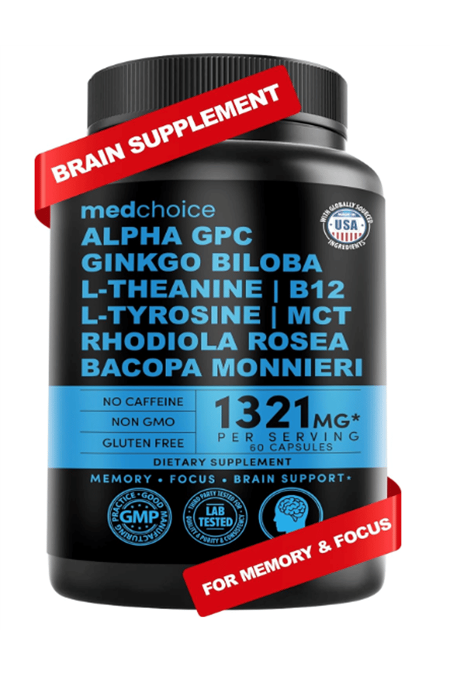 MEDCHOICE Nootropic Brain  Memory  Focus Ginkgo Biloba, L Theanine, Bioperine, Alpha GPC Choline - 1321mg, 60 Capsul.Made ın Usa.50.