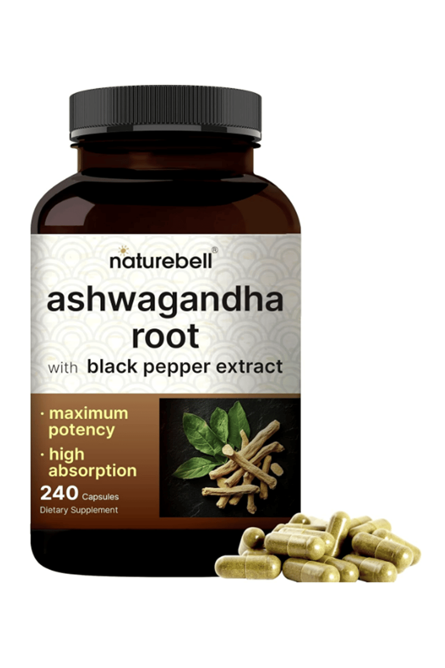 NatureBell Ashwagandha+ with Black Pepper Extract, 240 Capsules.Made ın Usa.