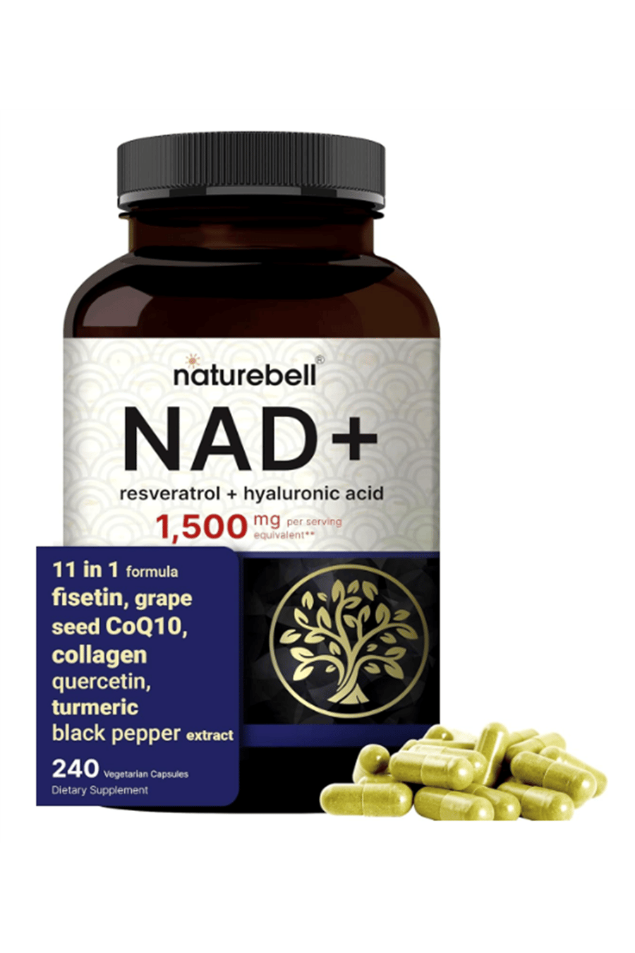 NatureBell NAD+ 1,500mg  240 Veggie Capsul 10-in-1 Complex with Resveratrol Plus Hyaluronic Acid, Quercetin, Fisetin, Collagen, & More – Nicotinamide.56.