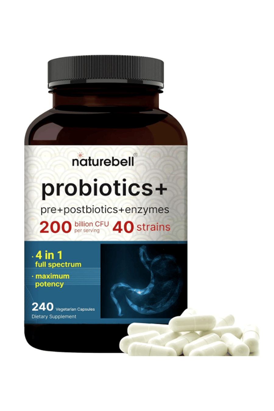 NatureBell Probiotics 200 Billion CFU  240 Veggie Capsul with Synbiotic Blend of Digestive Enzymes, Prebiotics, & Postbiotics – 40 Strains – Full-Spectrum Gut Health & Bloating.55.