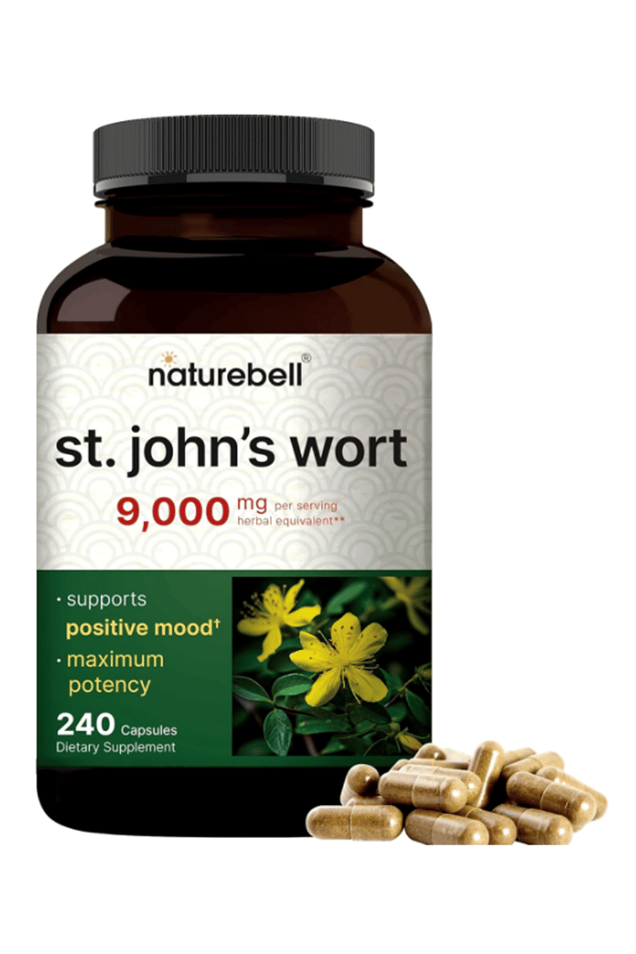 NatureBell St Johns Wort  240 Capsul, 15:1 Herbal Extract, North American Harvest, Rich in Hypericin – Positive Mood Support.