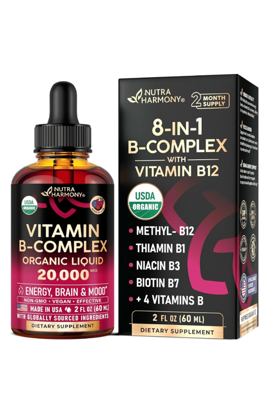 NUTRAHARMONY  Vitamin B-Complex B5 Pantothenic Acid  B12 Methylcobalamin  B1 Thiamine  B6 Pyridoxine  B7 Biotin  B9 Folic  B3 Niacinamide - B Complex Liquid Drops, Made in USA.