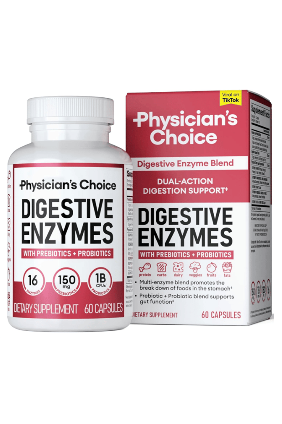 Physician's CHOICE Digestive Enzymes - Multi Enzymes, Organic Prebiotics  Gut Health - Meal Time Discomfort Relief  Bloating - Dual Action Approach - 60 Capsul.43.