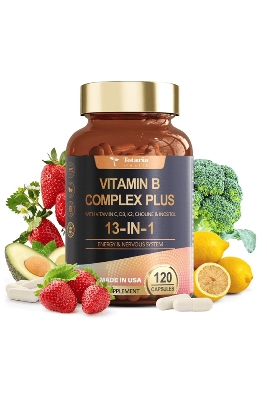 Totaria Healt B Complex Plus with Vitamin B1, B2, B3 (Niacinamide), B4, B5, B6, B7 (Biotin), B8 (Inositol), B9 (Folate), B12, C, D3, K2 - Energy, Nerve, Immune, Skin Support - 120 Vegan Capsules.Abd Menşei.