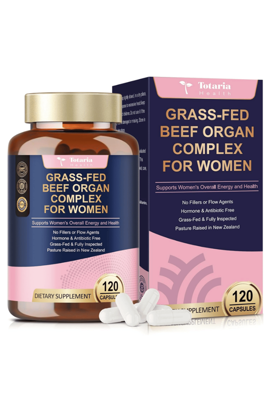 Totaria Healt Beef Organ for Women - Beef Liver, Kidney, Heart,Uterus Tissue - Balance Hor mo nes  Ove rall Ener gy - Grass Fed, Pasture Raised - Natural Iron  with Fo late - 120 Capsul.