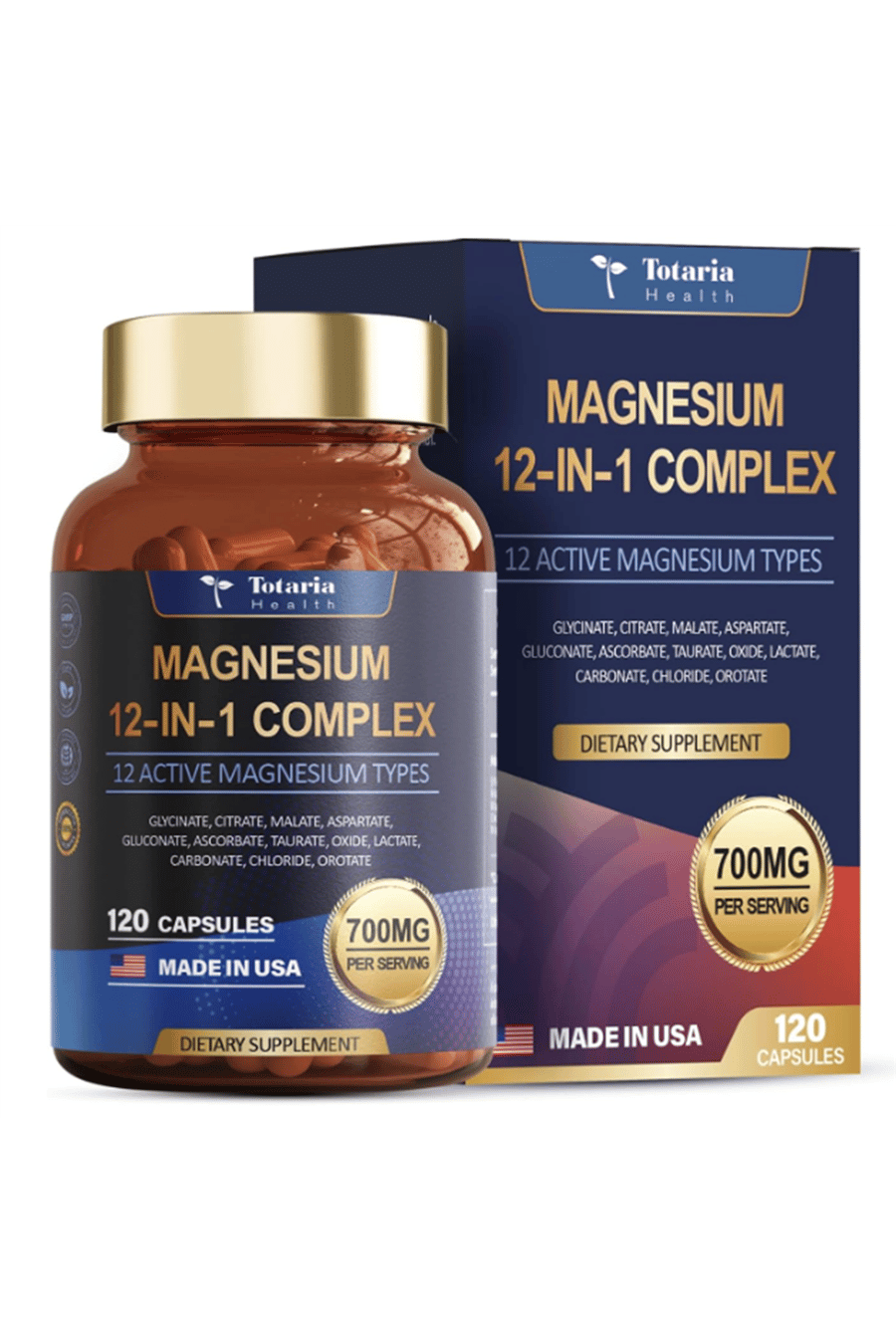Totaria Healt Magnesium Complex 700mg 12 in 1  Glycinate Citrate Malate Oxide Taurate Aspartate Orotate  Vegan 120 Capsules.Abd Menşei.52.