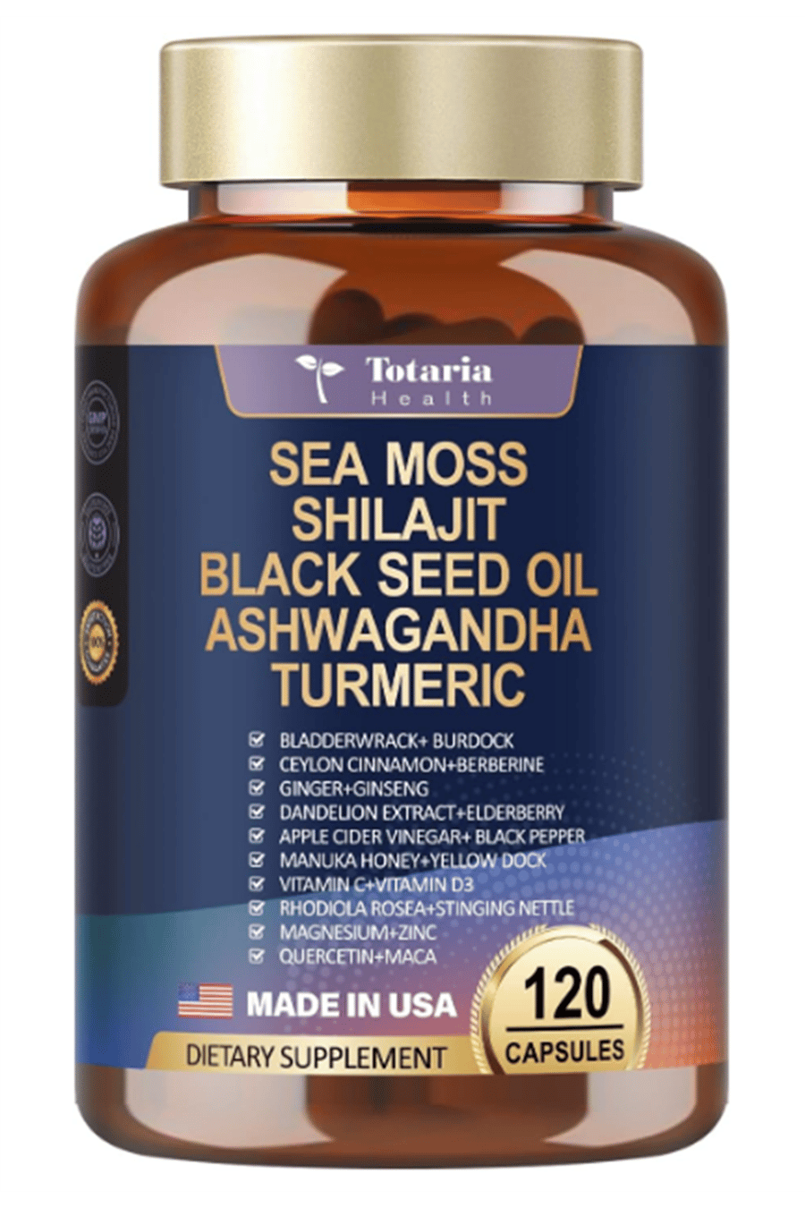 Totaria Healt  Sea Moss Black Seed Oil Ginger Shilajit with Bladder Burdock Ceylon Cinnamon Berberine ACV Manuka VIT C  D3, 120 Caps.Abd Menşei.45.