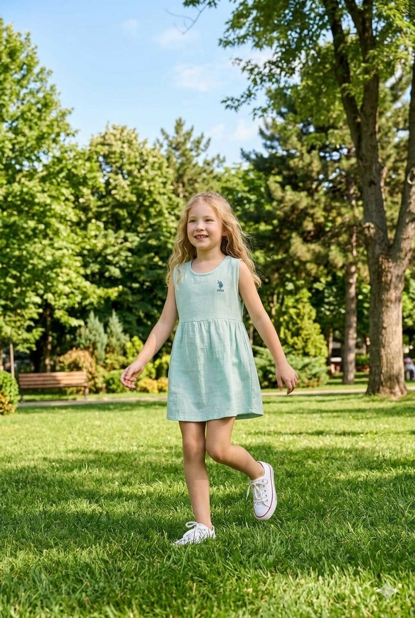 U.S. Polo Assn Kız Çocuk Müslin Elbise Yeşil