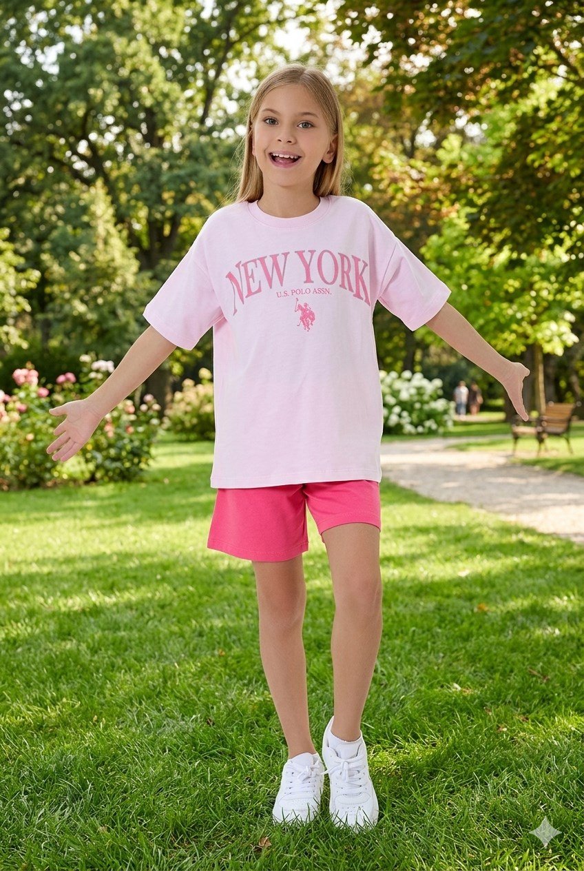 U.S. Polo Assn Kız Çocuk İki İplik Şortlu Takım Pembe