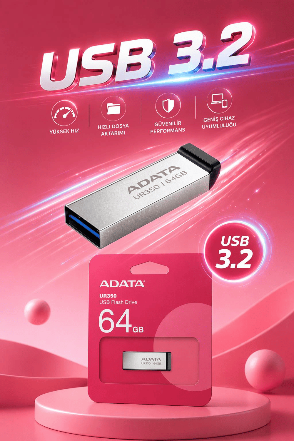Adata UR350/64G 64GB USB 3.2 Gen1 Metal Flash Bellek