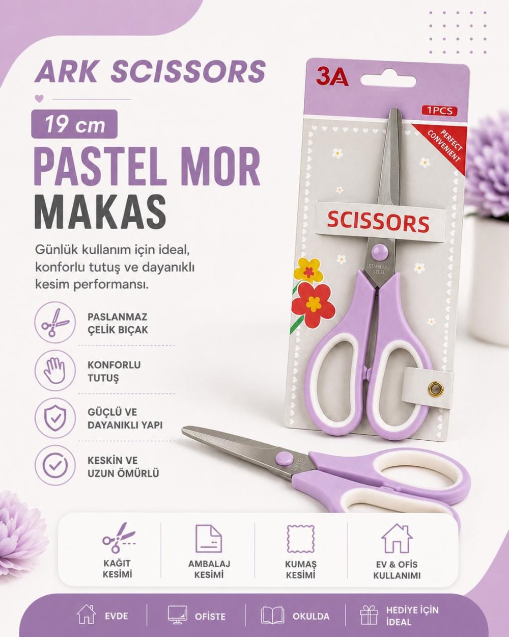 Ark SCISSORS 19 cm Pastel Mor Makas