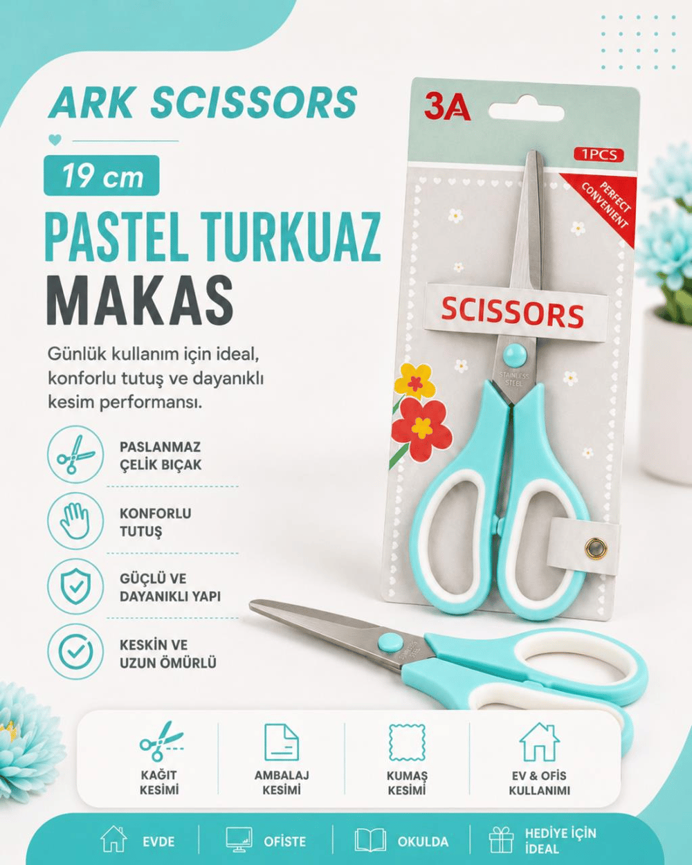 Ark SCISSORS 19 cm Pastel Turkuaz Makas