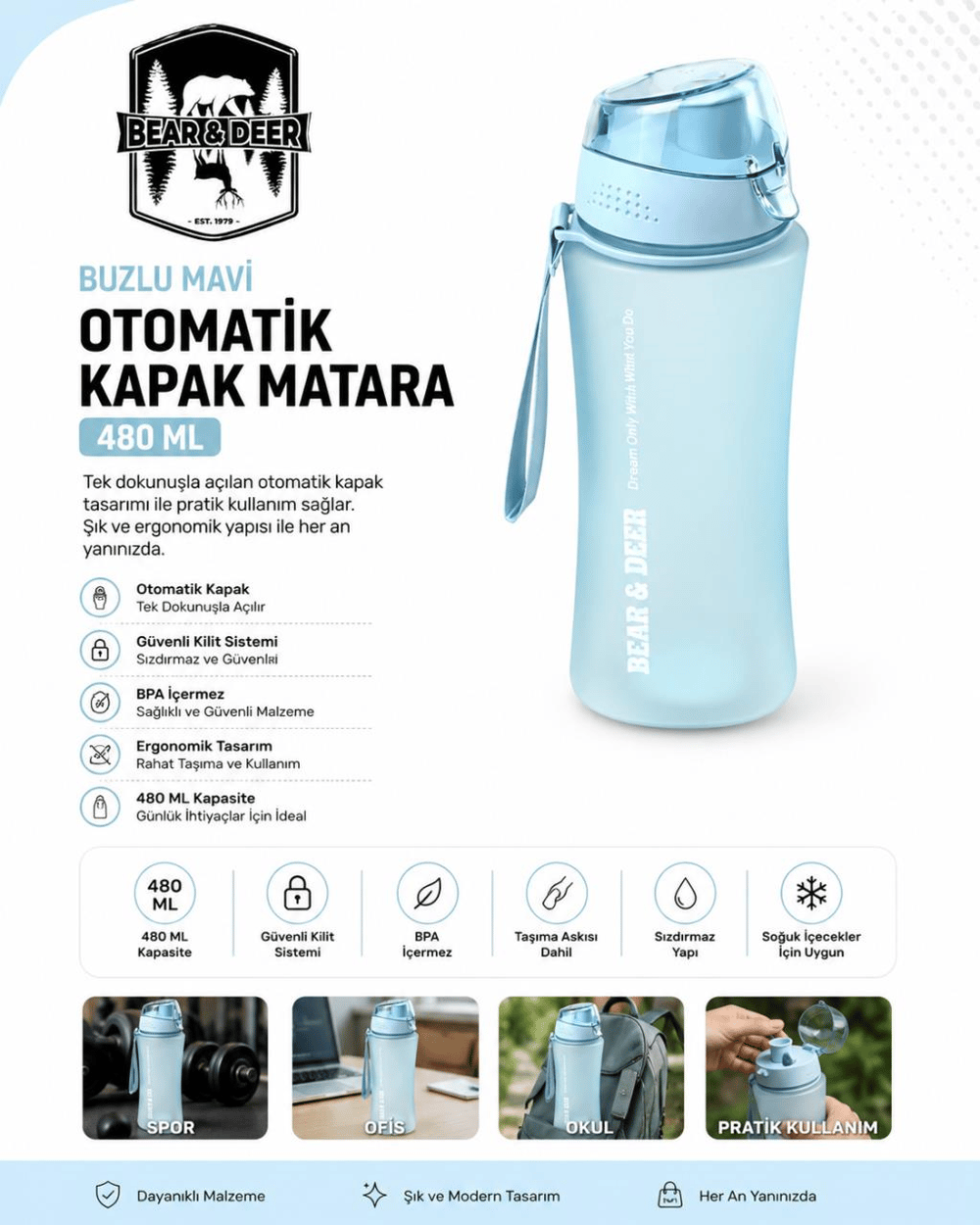 Bear & Dear Buzlu Mavi Otomatik Kapak Matara 480 Ml - MT0026