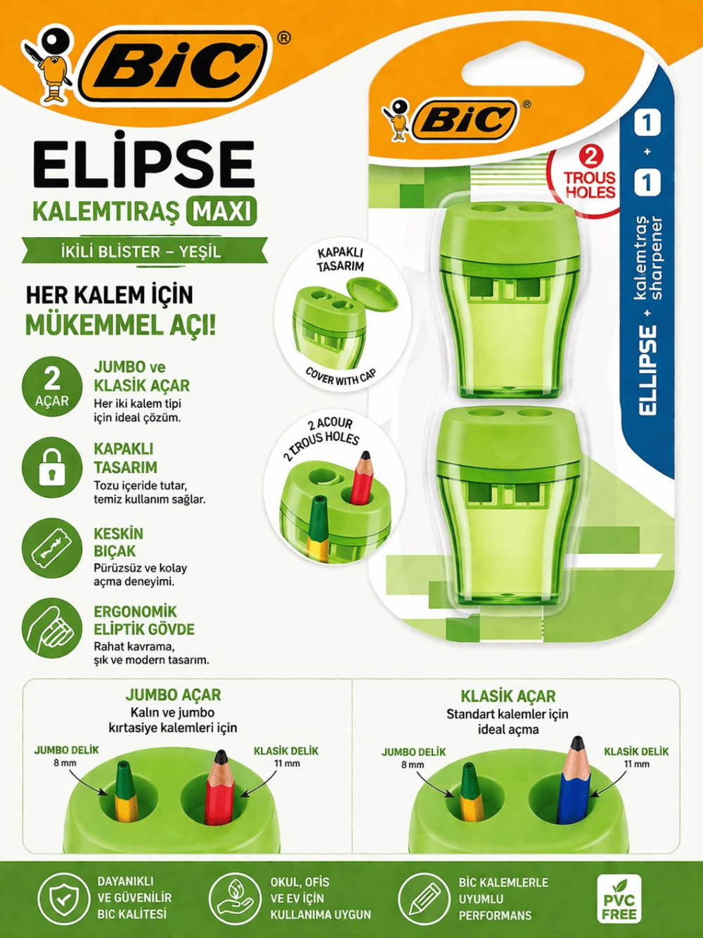 Bic Kalemtraş Maxi Elips Kapaklı İkili Blister - Yeşil Jumbo ve Klasik açar