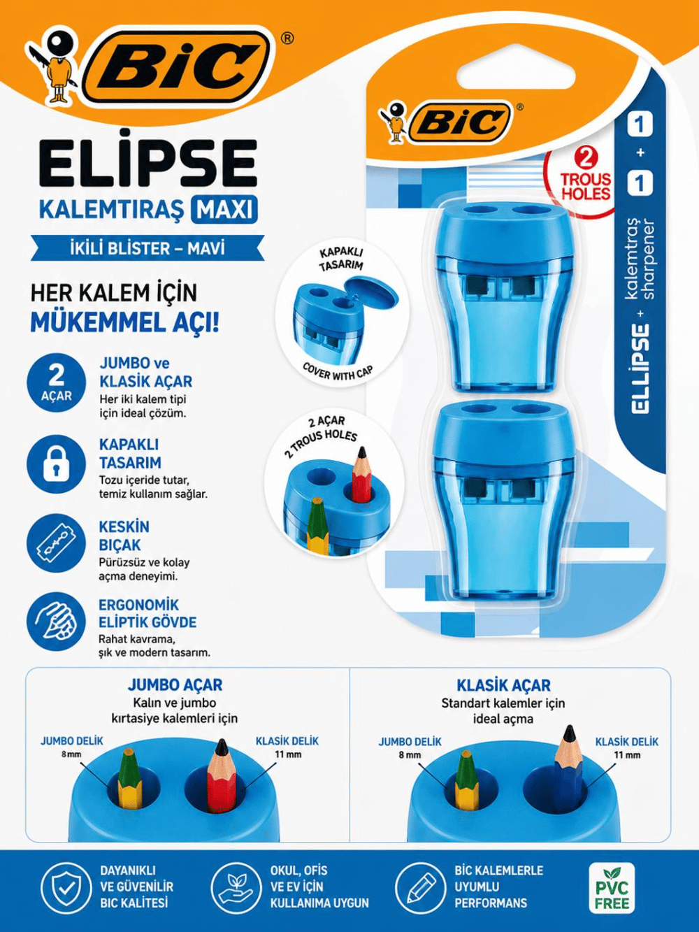 Bic Kalemtraş Maxi Elips Kapaklı İkili Blister Mavi Jumbo ve Klasik açar