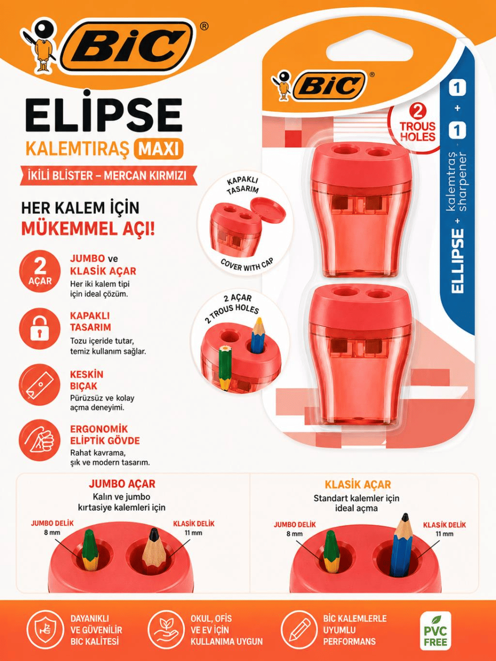 Bic Kalemtraş Maxi Elips Kapaklı İkili Blister Mercan Kırmızı Jumbo ve Klasik açar