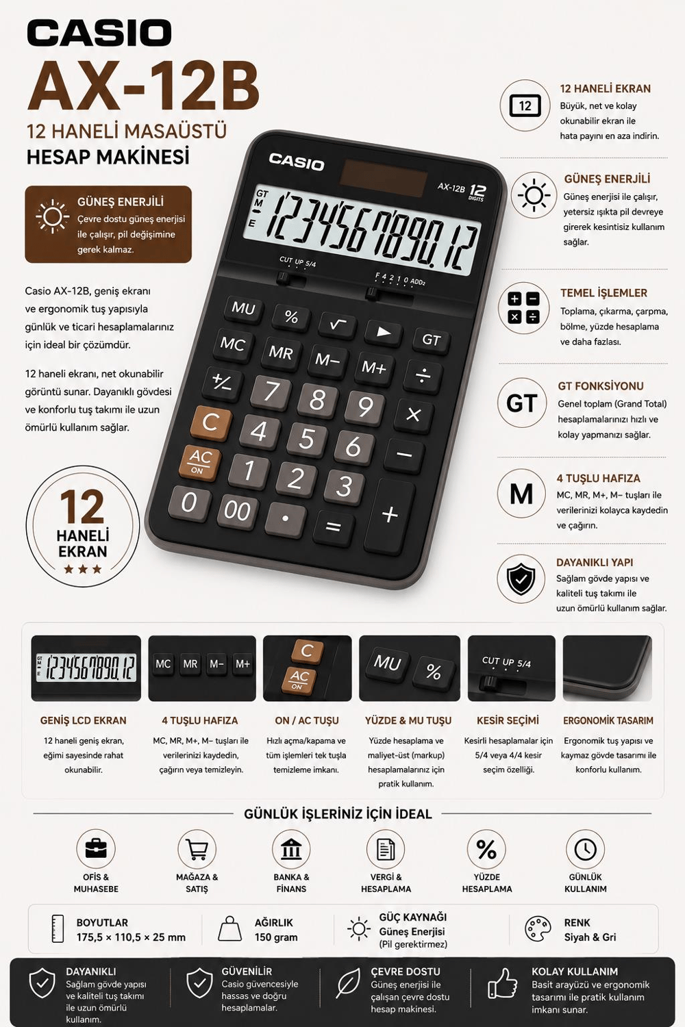 Casio AX-12B 12 Hane Masa Üstü Hesap Makinesi