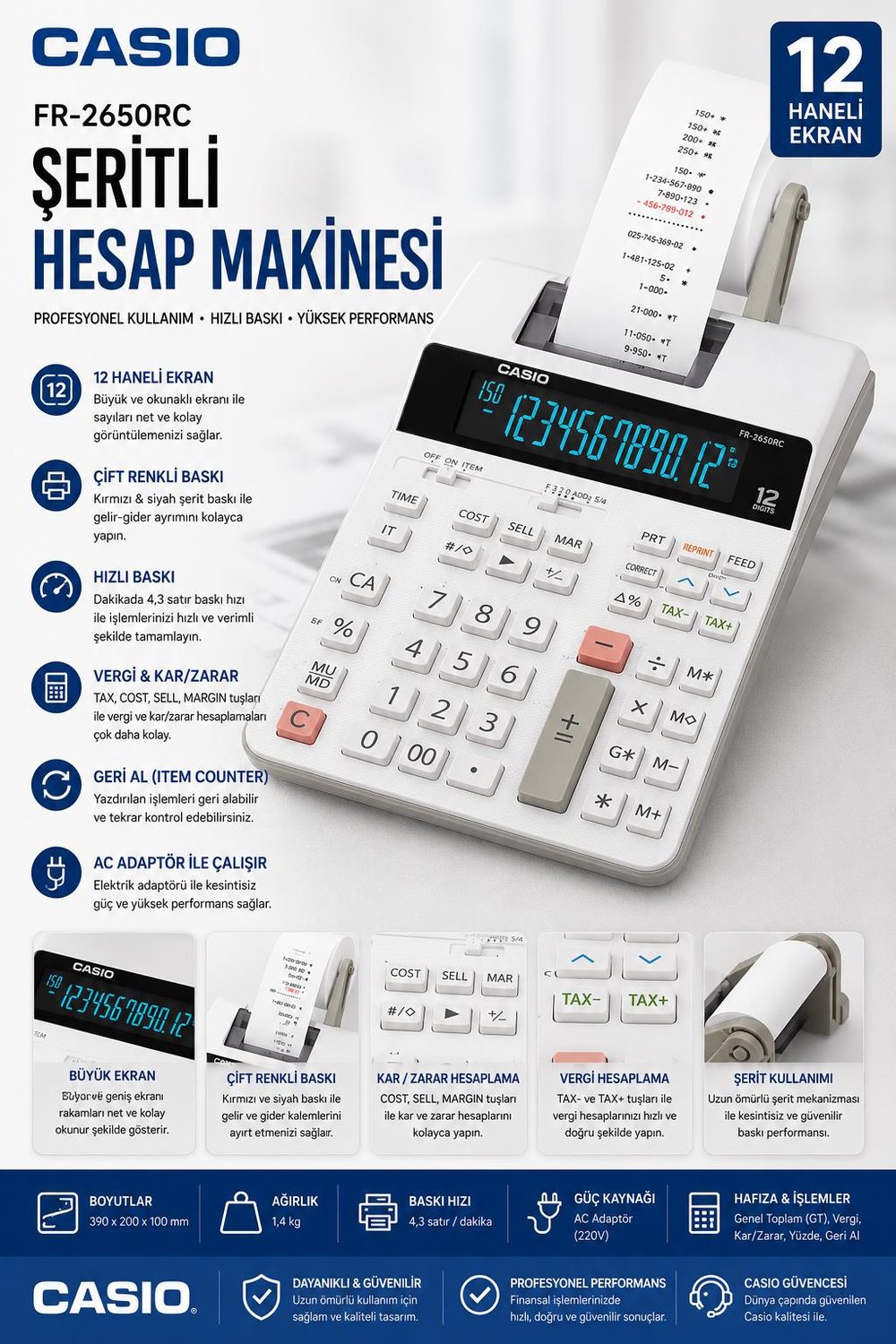 Casio FR-2650RC 12 Hane Şeritli Hesap Makinesi