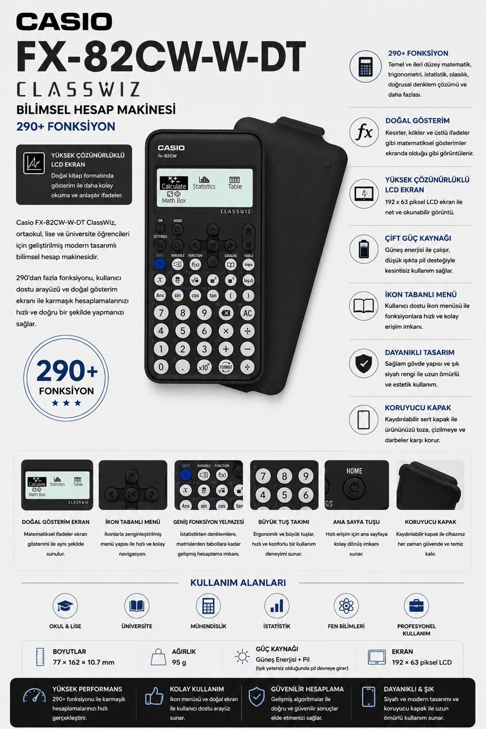 Casio FX-82CW-W-DT ClassWiz Bilimsel Hesap Makinesi – Yüksek Çözünürlüklü Ekran, Hızlı İşlem Motoru 