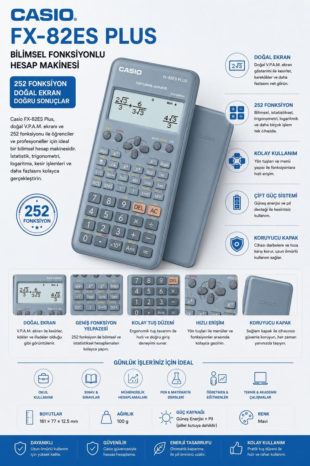 Casio FX-82ES Plus Mavi Bilimsel Fonksiyonlu Hesap Makinesi