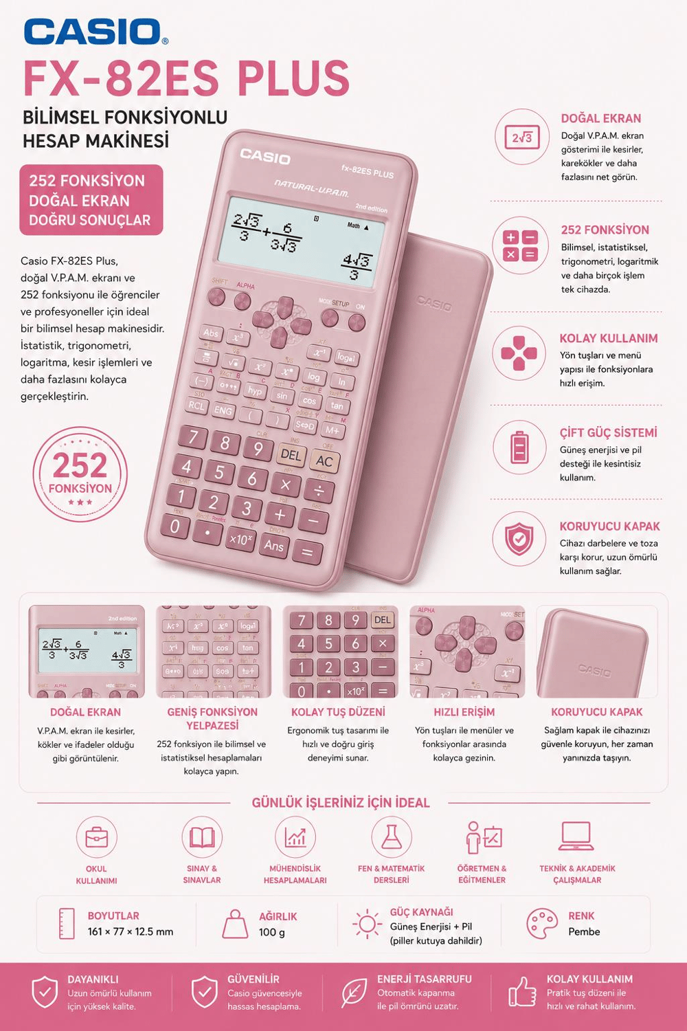 Casio FX-82ES Plus Pembe Bilimsel Fonksiyonlu Hesap Makinesi 2.Versiyon