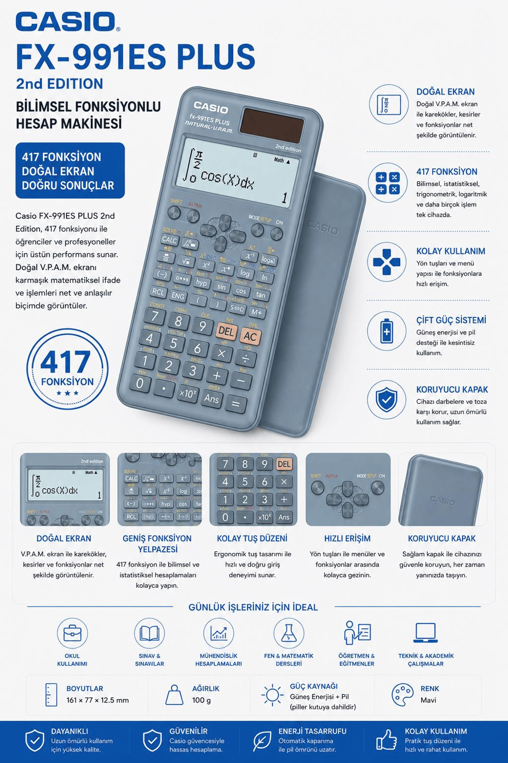 Casio FX-991ES PLUS 2nd Edition Bilimsel Hesap Makinesi – 417 Fonksiyonlu, Güneş Enerjili ve Pil Destekli - Mavi