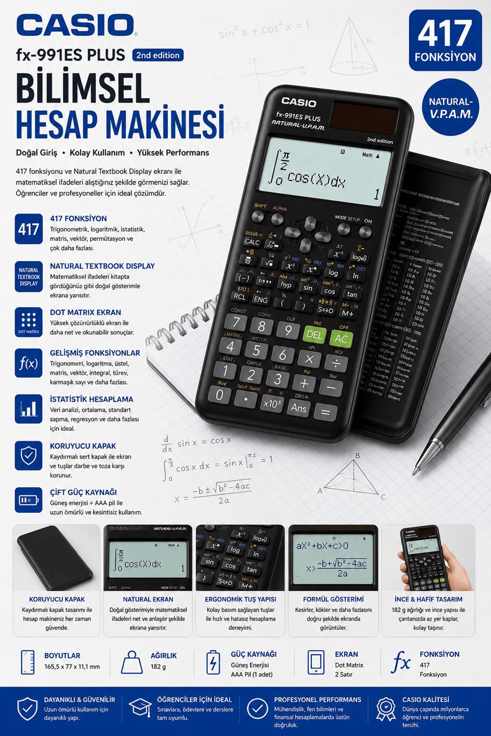 Casio FX-991ES PLUS 2nd Edition Bilimsel Hesap Makinesi – 417 Fonksiyonlu, Güneş Enerjili ve Pil Destekli - Siyah