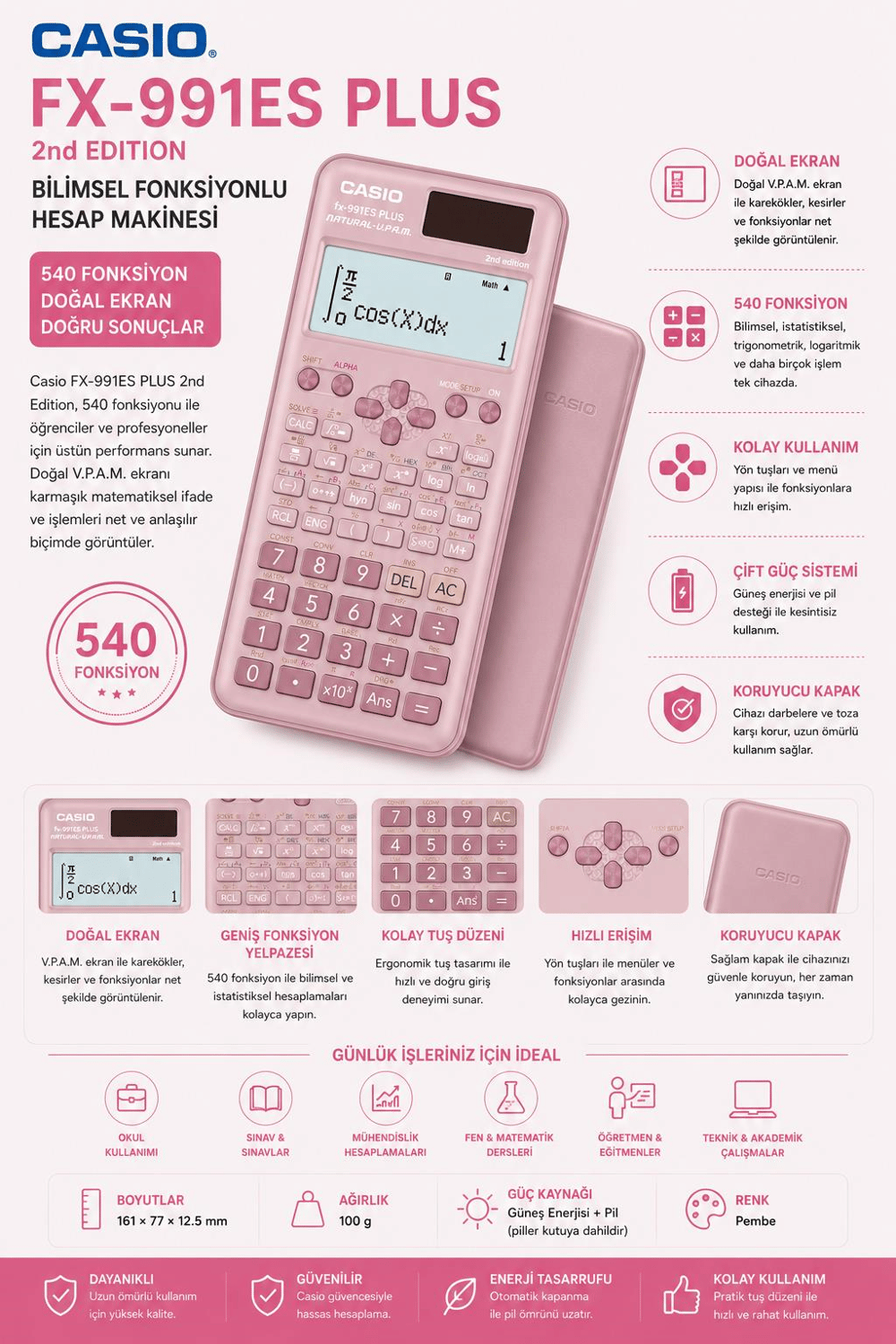 Casio FX-991ES PLUS PK Pembe Bilimsel Hesap Makinesi – 540 Fonksiyonlu, Güneş Enerjili ve Pil Destekli - Pembe