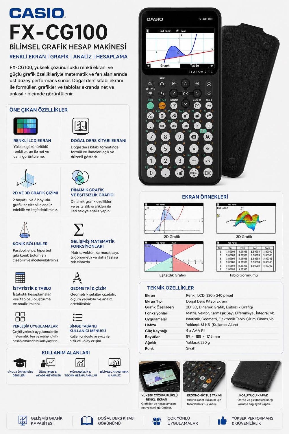 Casio FX-CG100 Bilimsel Grafik Hesap Makinesi – Renkli Ekranlı, Gelişmiş Grafik ve Analiz Özellikli